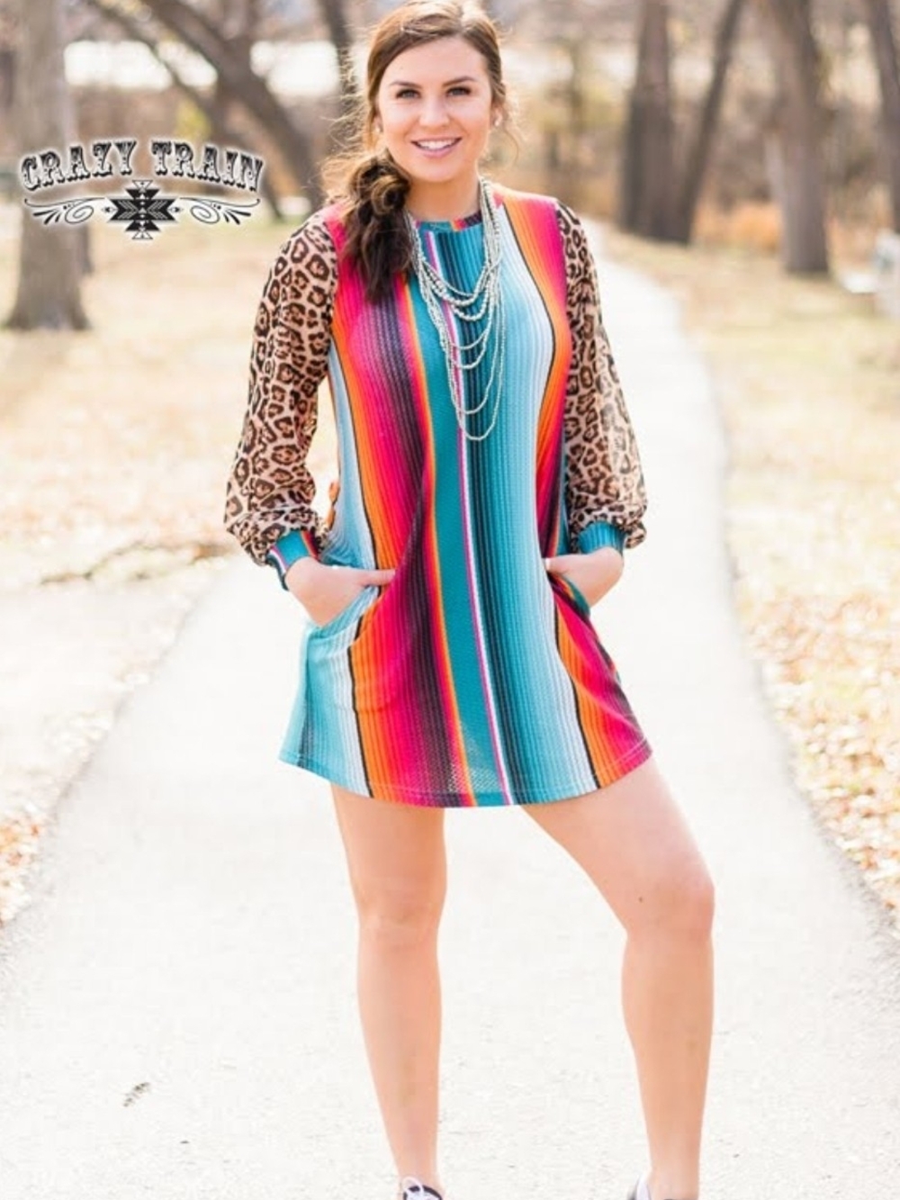 Crazy Train Teal & Hot Pink Serape Mini Dress with Sheer Leopard Print Sleeves